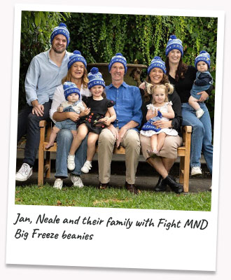 Jan, Neale and their family with Fight MND Big Freeze beanies